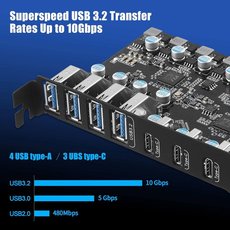 FANBLACK بطاقة PCIe إلى USB 3.2 Gen 2 مع عرض نطاق 20 جيجابت في الثانية و 7 منافذ USB (4 منفذ USB Type-A و 3 منفذ Type-C)، بطاقة توسيع PCI Express (PCIe) لجهاز الكمبيوتر المكتبي - Image 2